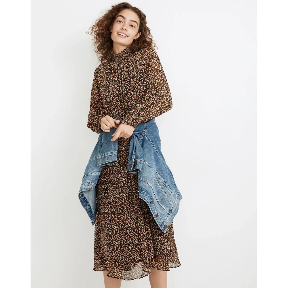 Madewell Georgette Smock Midi Dress XS Folktale Paisley Long Sleeve Romantic